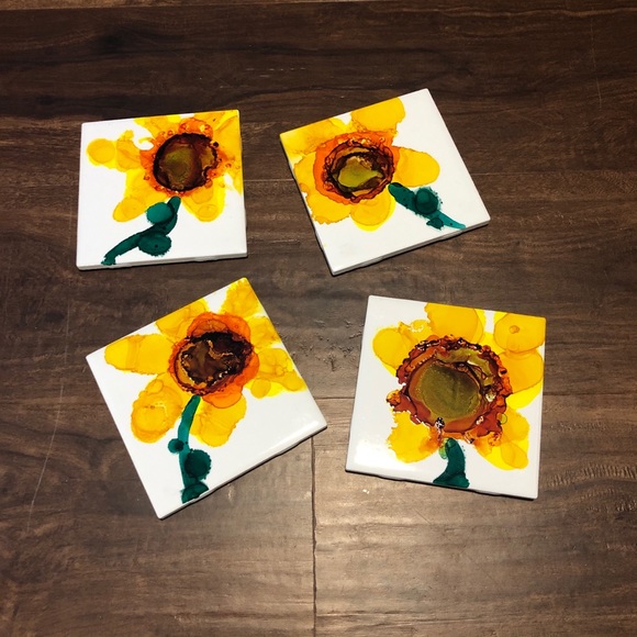 Set of Four Hand Painted Sunflower Coasters - Picture 2 of 7